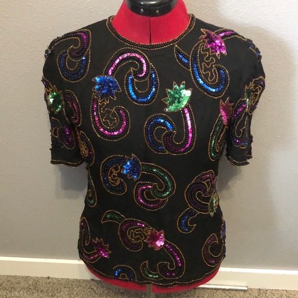 Vintage Lawrence Kazer Evening top Women's PS formal sequins cocktail 100% silk - Picture 12 of 12